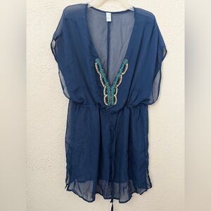 Tropical Escape Navy Blue Sheer Beaded V-Neck Swim Cover-Up